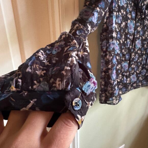Rebecca Taylor Solstice Black Puff Sleeve Blouse Blue Floral Silk Cotton Blend - Picture 4 of 8